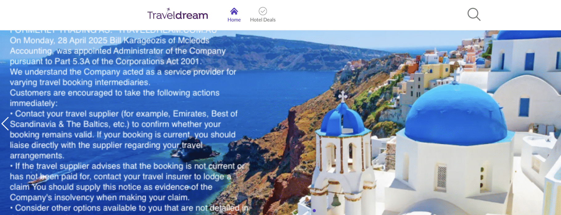 Notice on Traveldream's website 